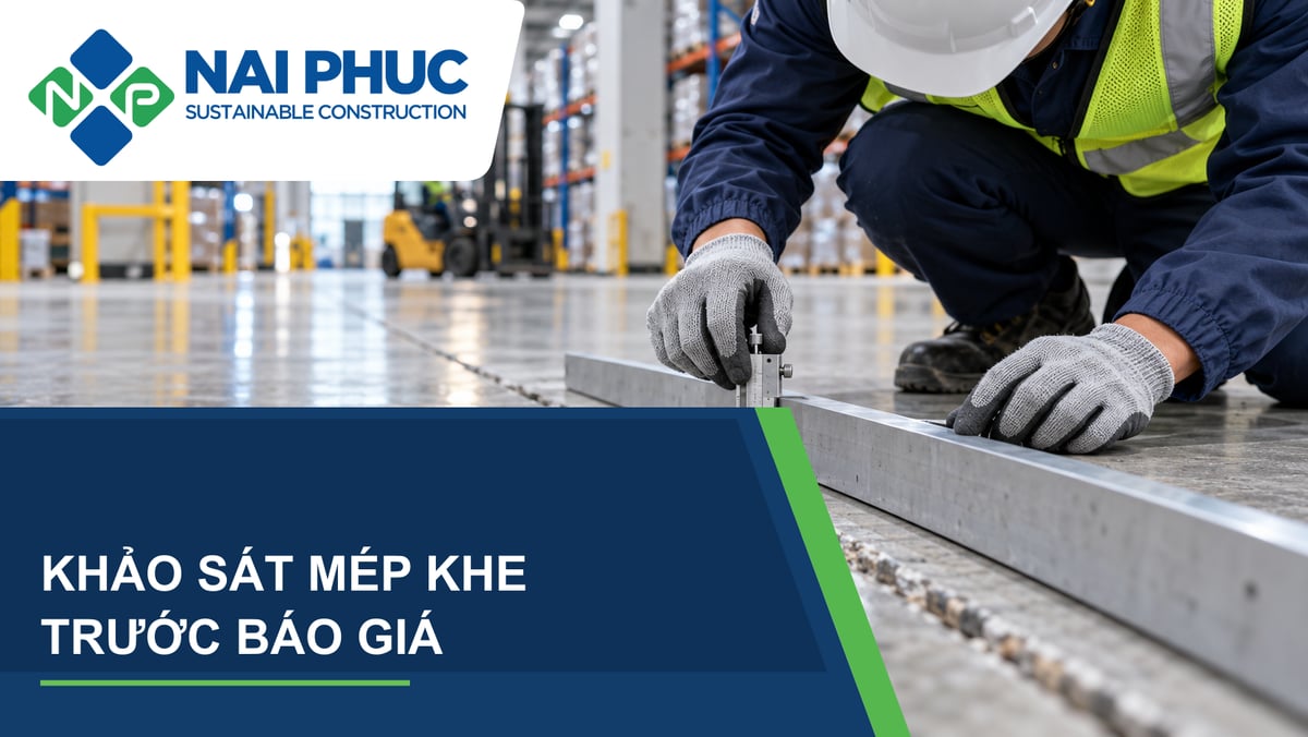 Ảnh minh họa kỹ sư đo và chụp mép khe sàn kho bị vỡ