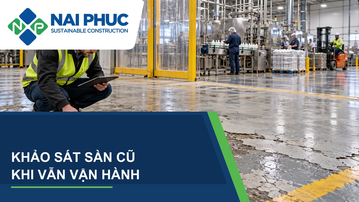 Ảnh minh họa kỹ sư khảo sát sàn cũ trong nhà máy đang vận hành