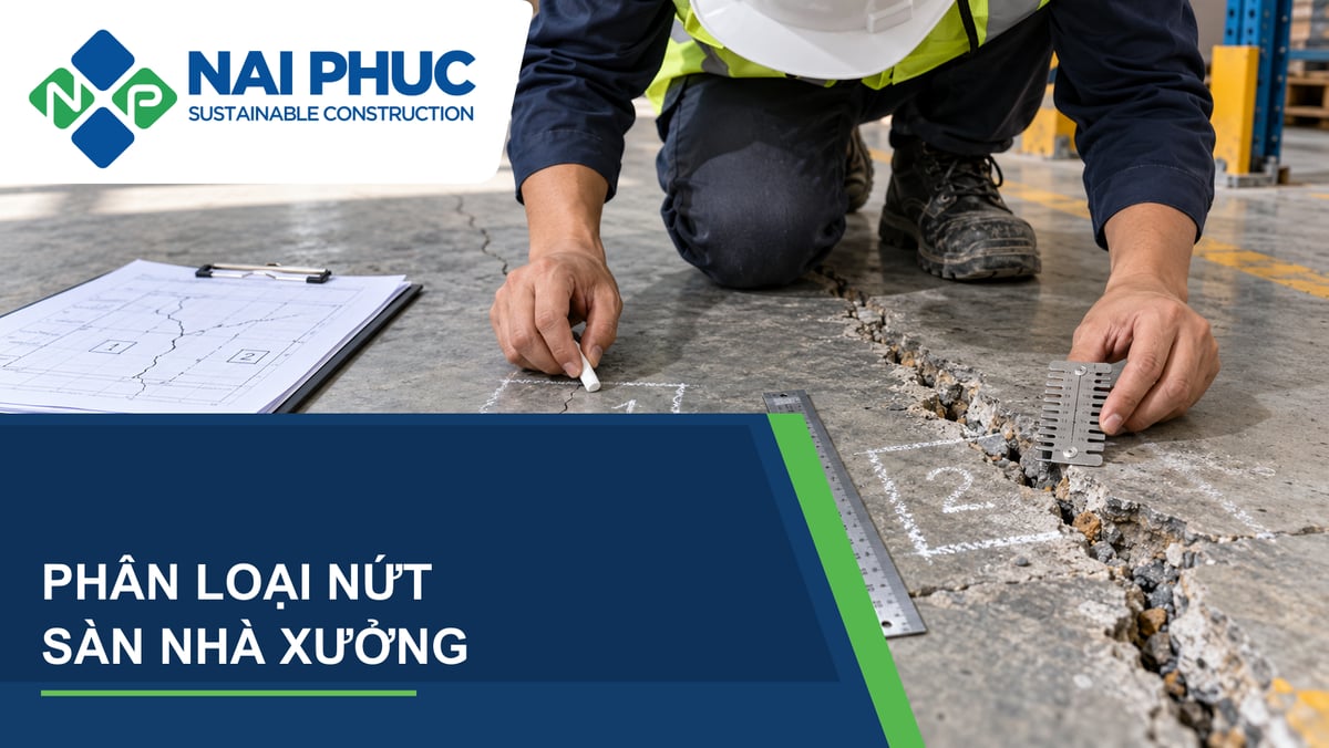 Ảnh minh họa kỹ sư kiểm tra vết nứt trên sàn bê tông nhà xưởng