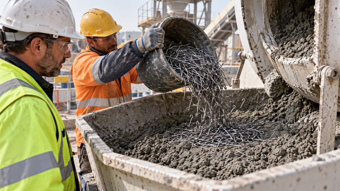 Ảnh minh họa công đoạn bổ sung sợi thép vào hỗn hợp bê tông