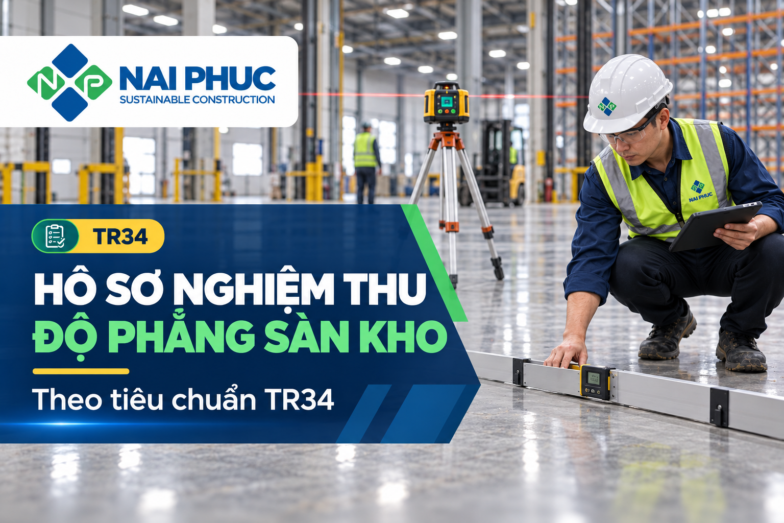 Kỹ sư đo kiểm độ phẳng sàn kho trước nghiệm thu - Nai Phúc